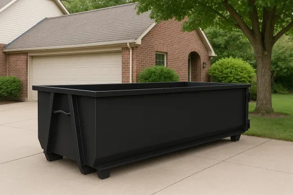 A large black dumpster is parked in a driveway in front of a brick house.