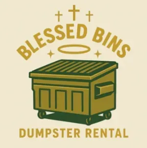 A logo for blessed bins dumpster rental