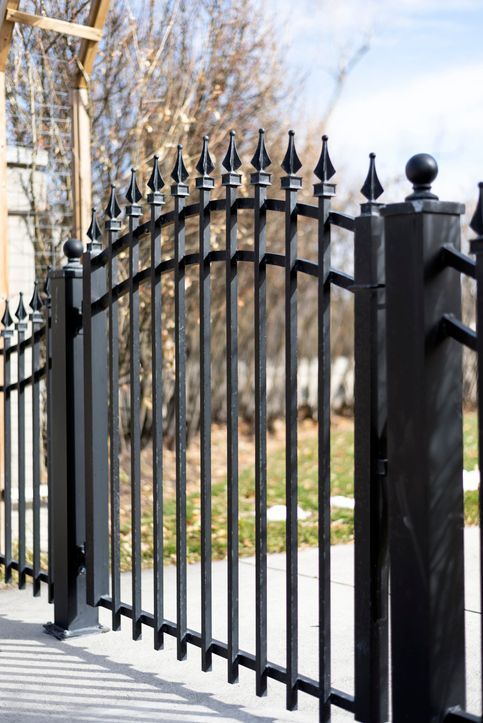 A black wrought iron fence with a gate in the background.