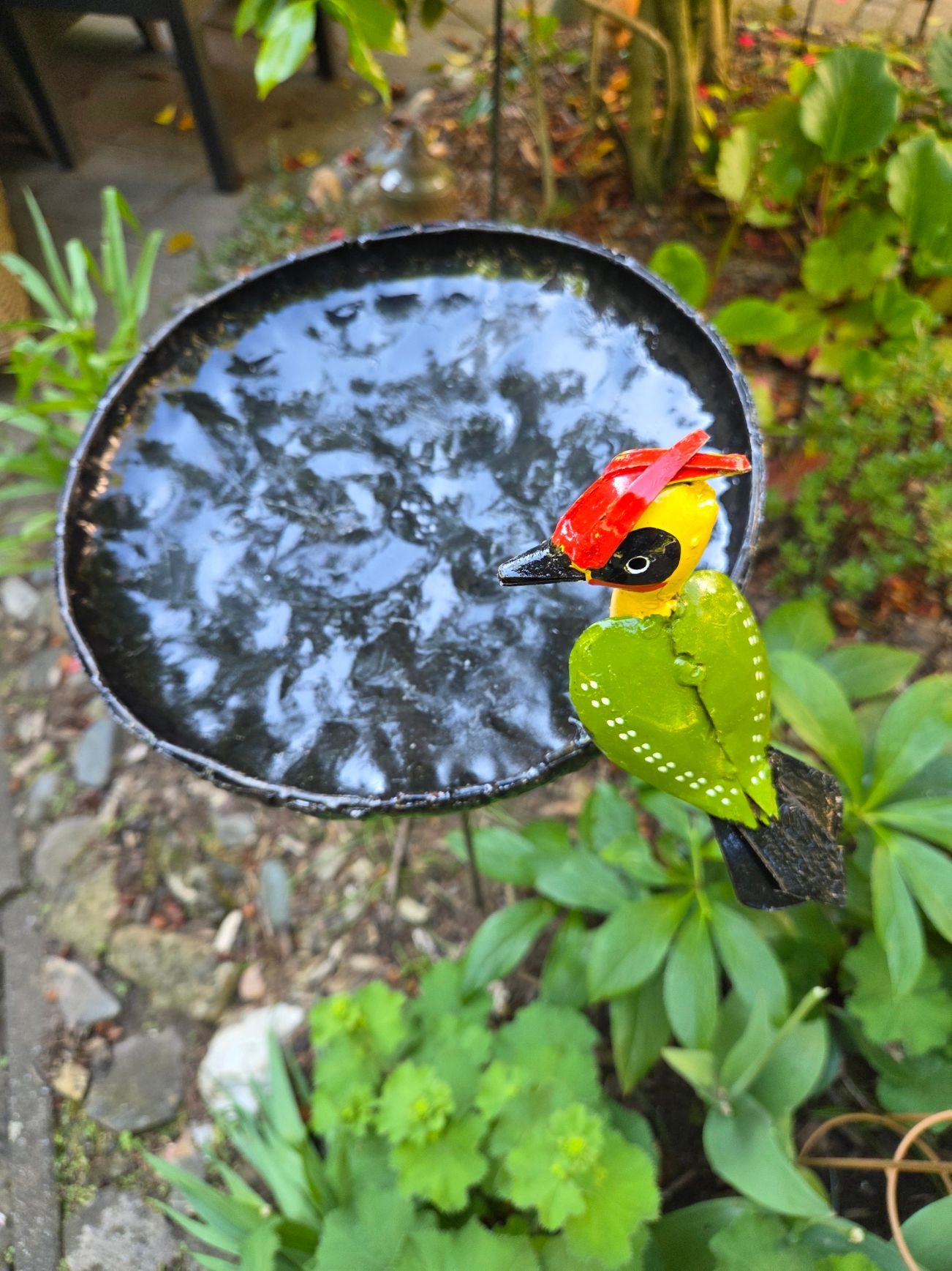 GROENE SPECHT OP VOER WATERSCHAAL - FAIRTRADE - HANDGEMAAKT