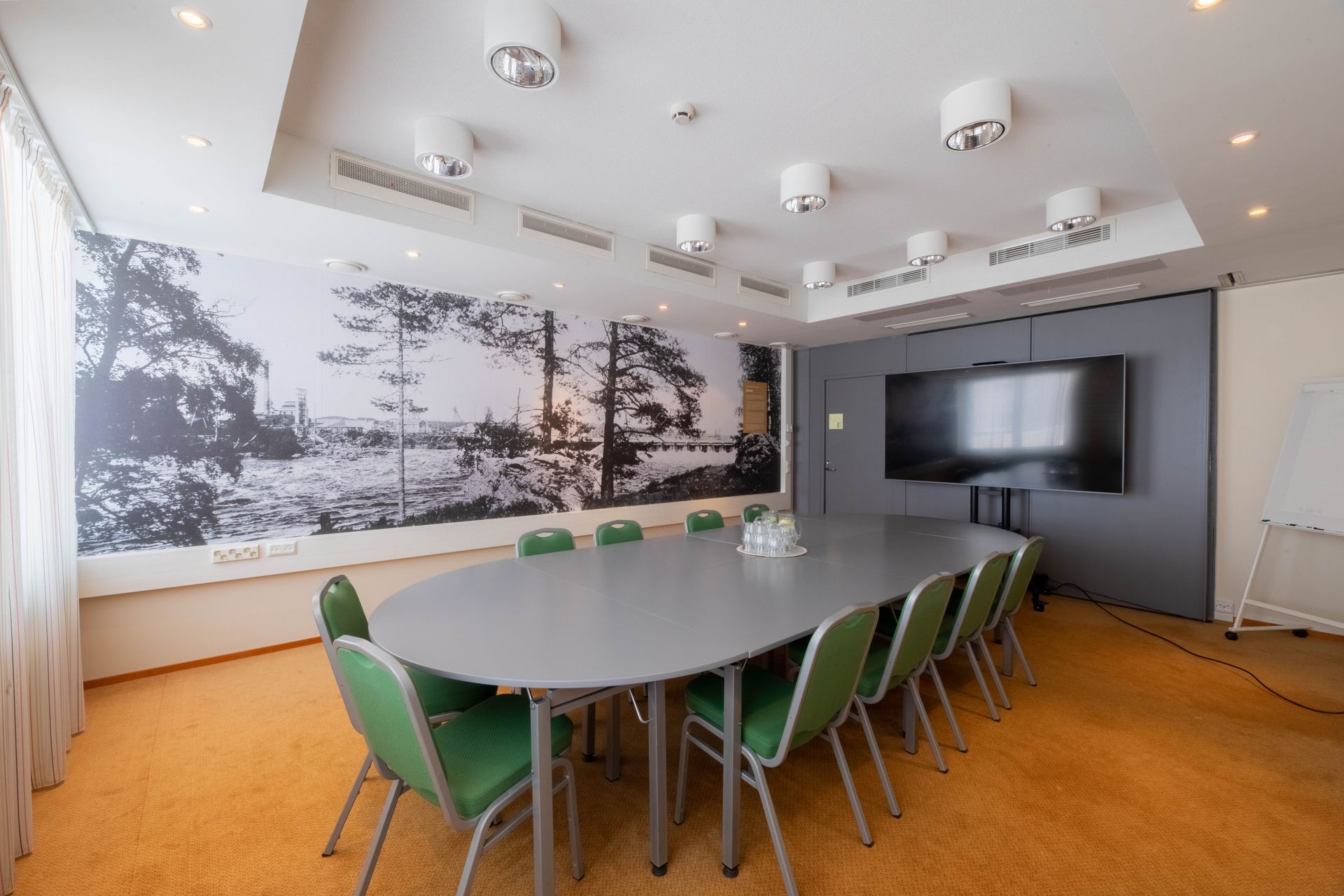 An oval conference table with green chairs sits in a room with orange carpeting and a large forest wall mural.