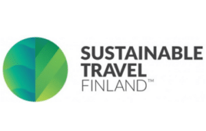 Vihreä pyöreä logo lehtikuvioin, mustan tekstin