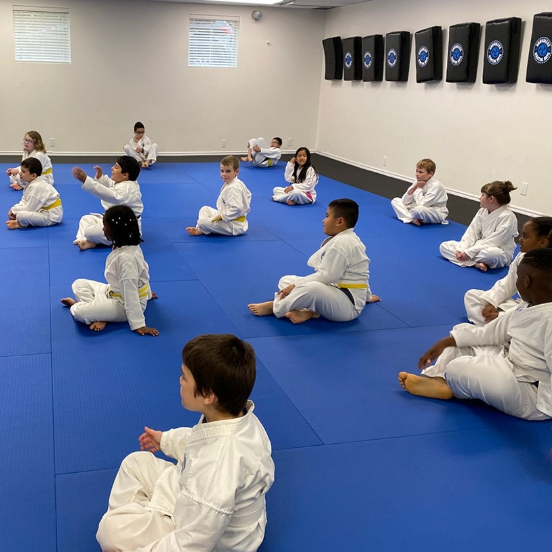 Children in colorful gis play a game on a mat. Two instructors pull a student in blue.