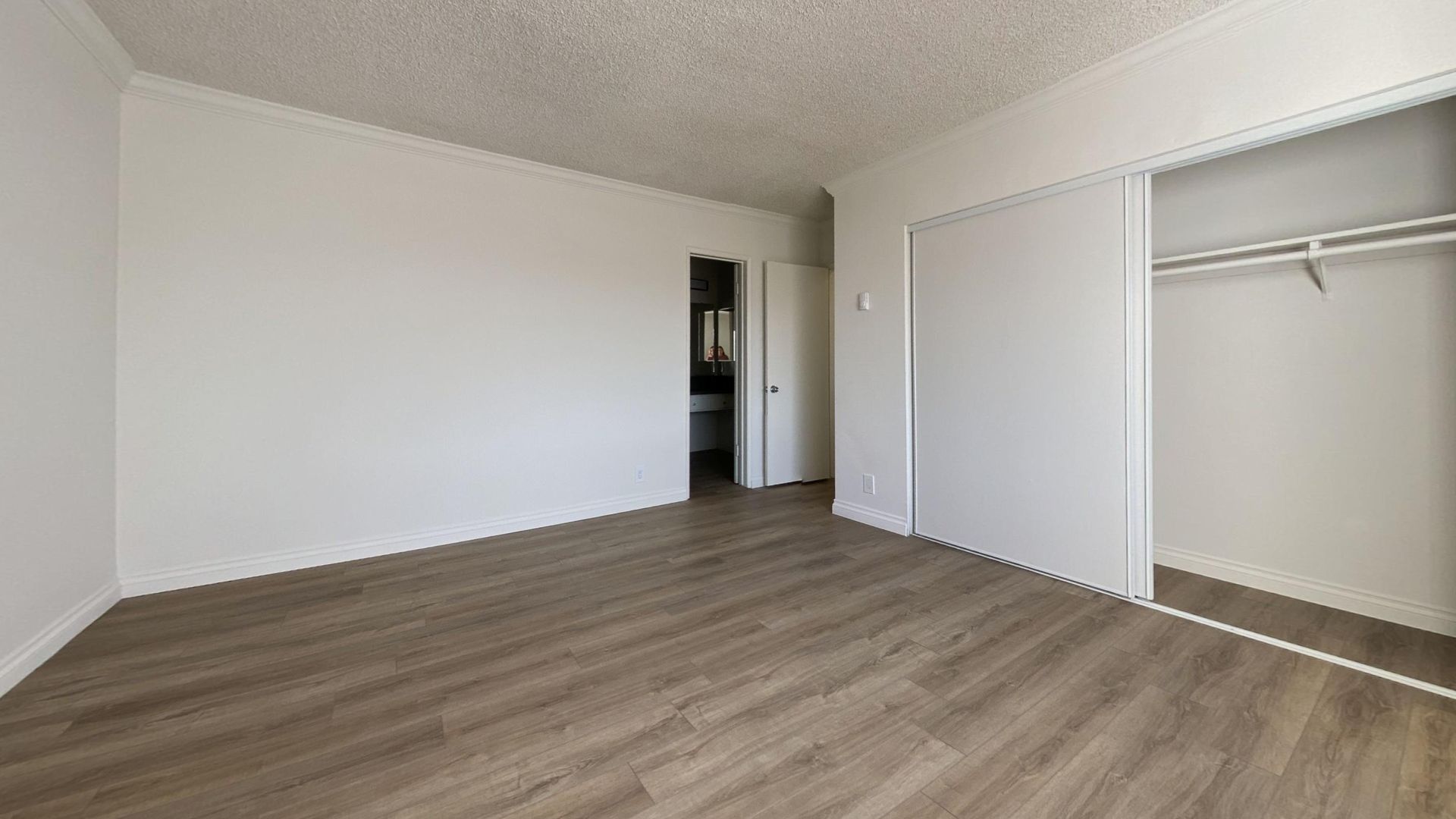 Empty room with wood-look flooring, white walls, closet, and doorway to bathroom.
