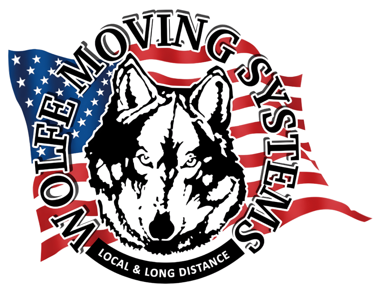 Logo for Wolfe Moving Systems with a wolf head, American flag, and text 