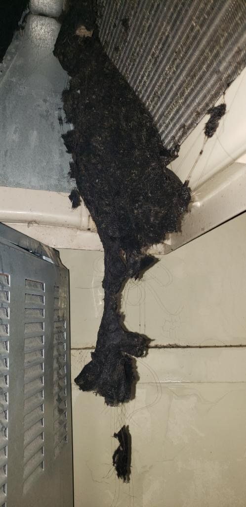 A close up of a dirty air conditioner with a lot of dust coming out of it.