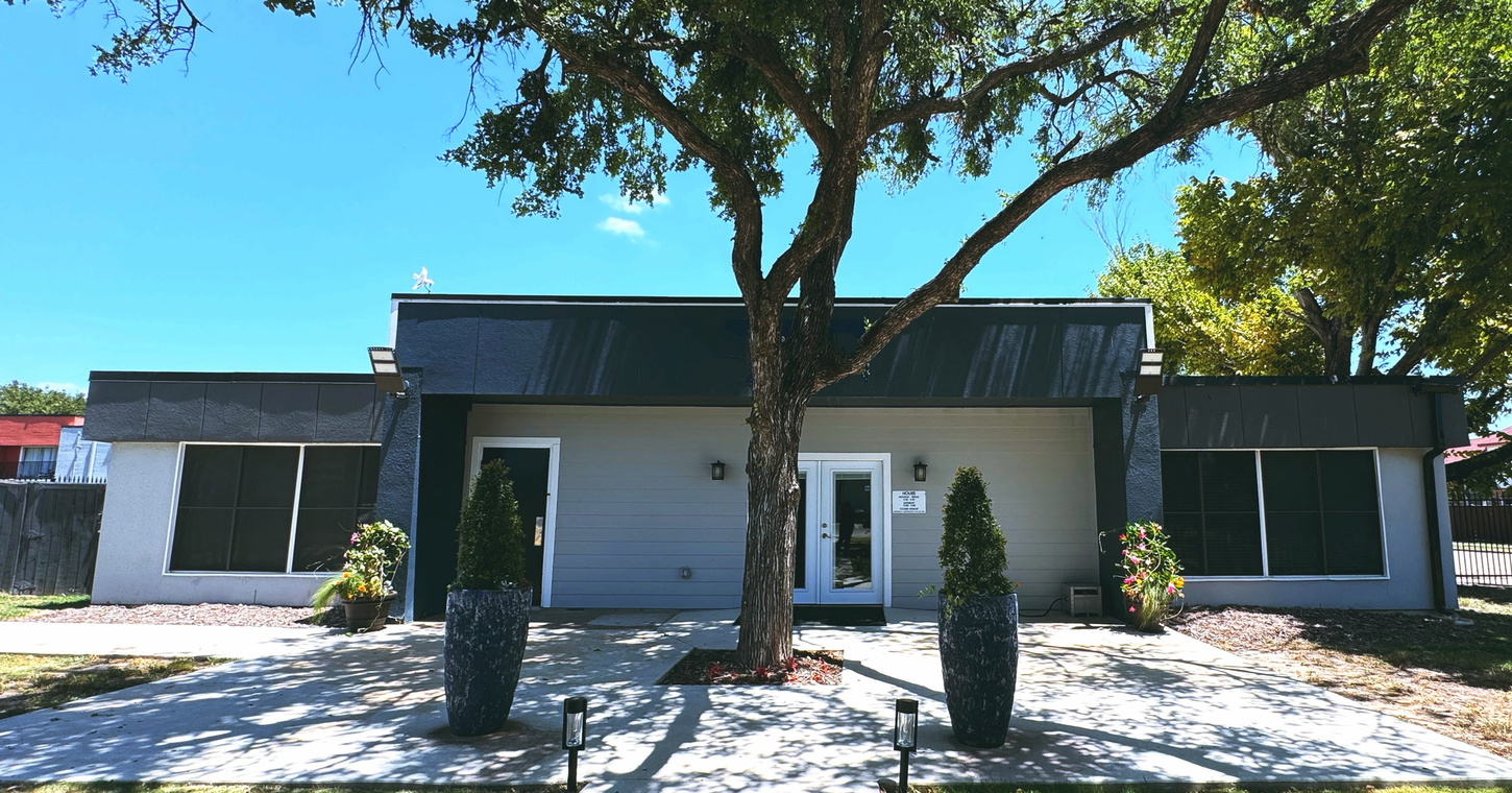 A modern, gray building with a tree in front. Two dark potted plants frame the entrance.