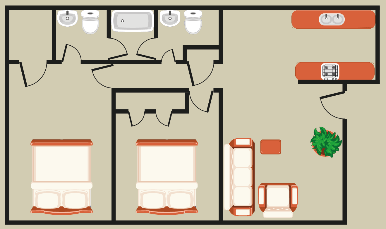 Floor plan of a two-bedroom apartment with a kitchen, living area, and two bathrooms.