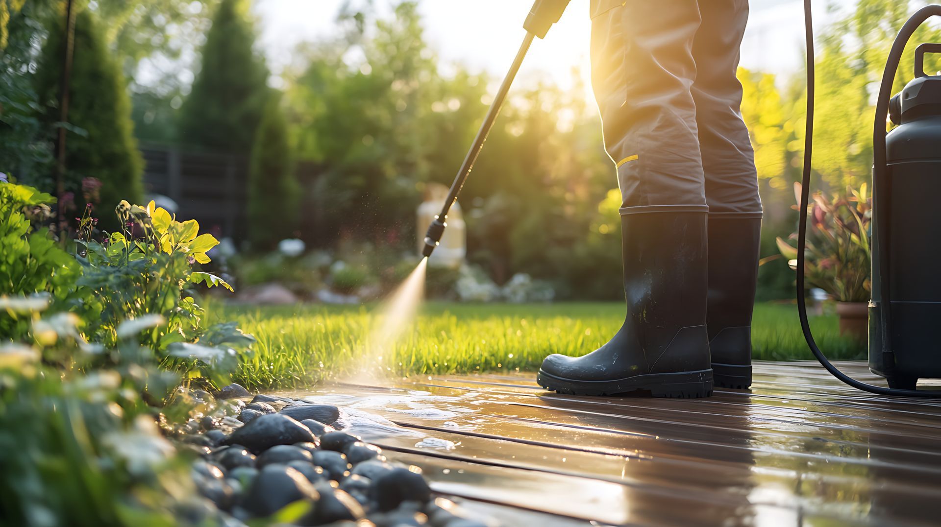 Person pressure washing wooden deck outdoors, bright sunlight.