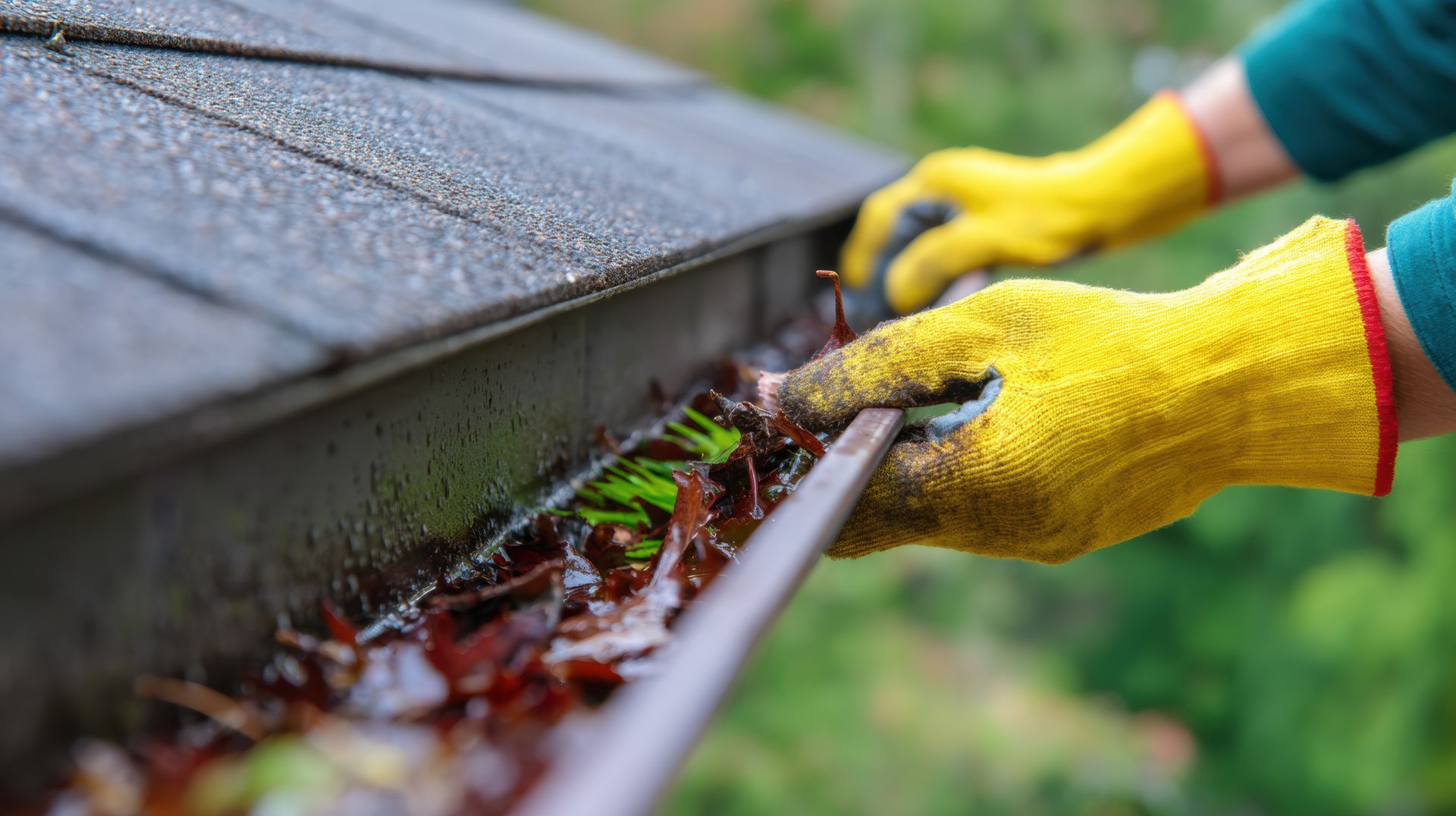 Hands in yellow gloves cleaning a gutter filled with leaves.