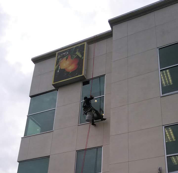 Window cleaner suspended outside a building, cleaning a window. A colorful fruit sign is on the wall.