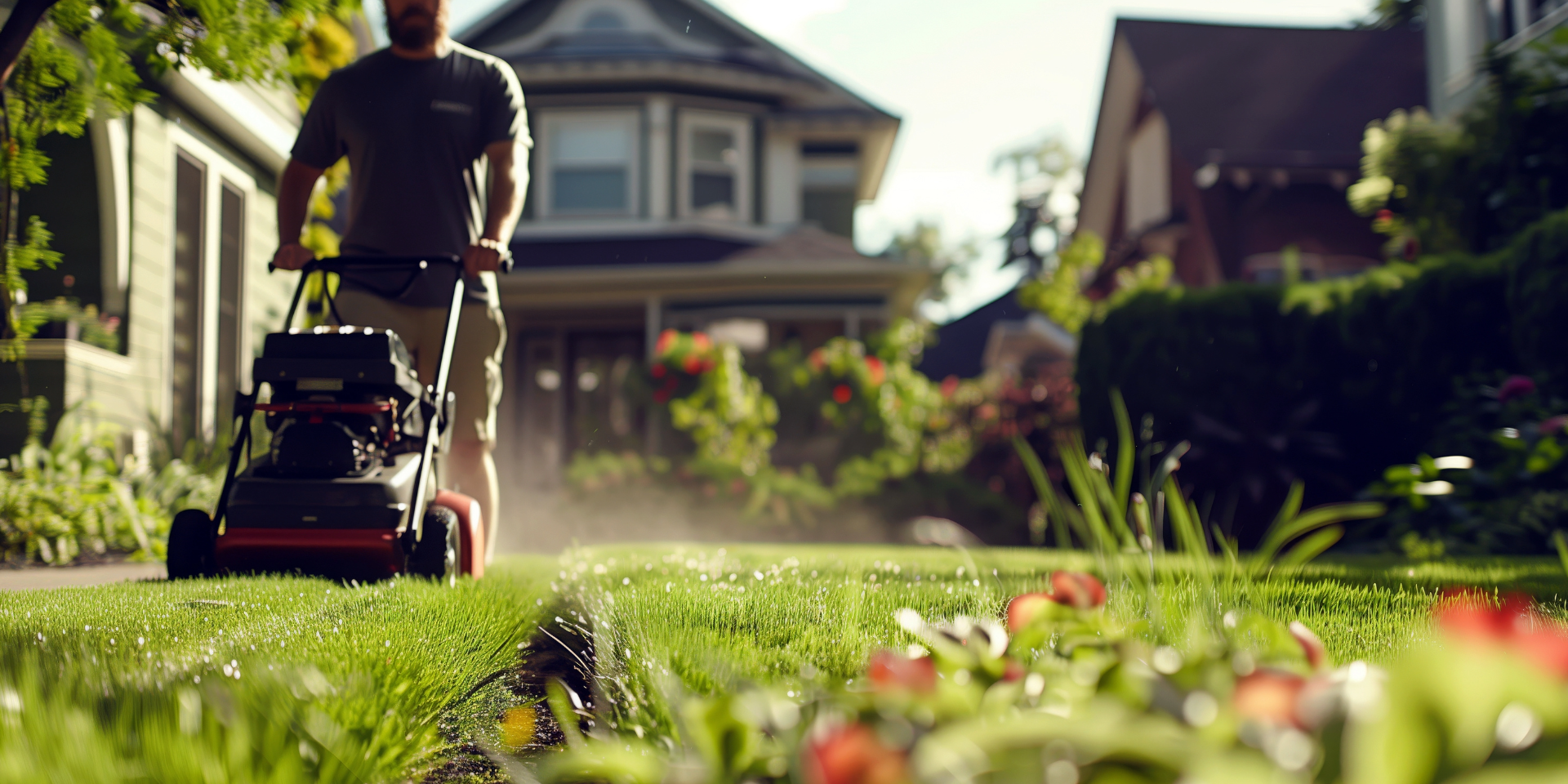 Wheelbarrow filled with garden waste on green grass, hedge in the background.
