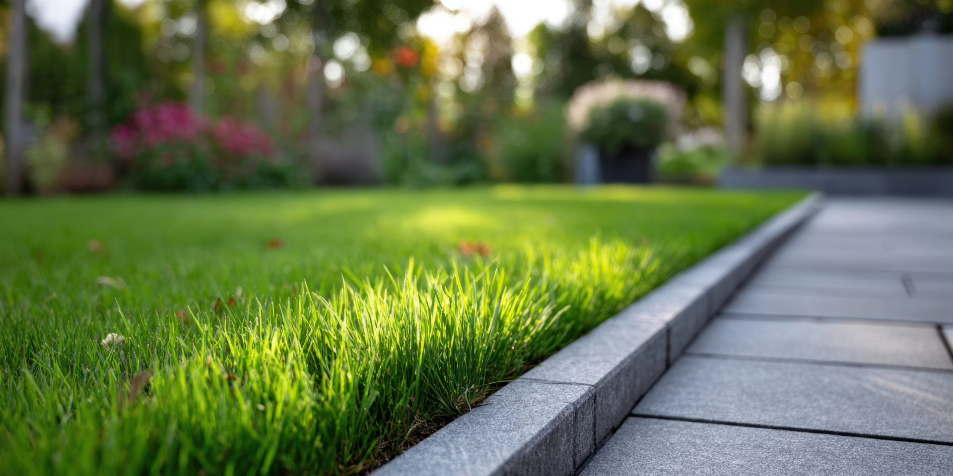 Green lawn bordered by a beige concrete edge, leading to a rock garden with bushes and gravel.