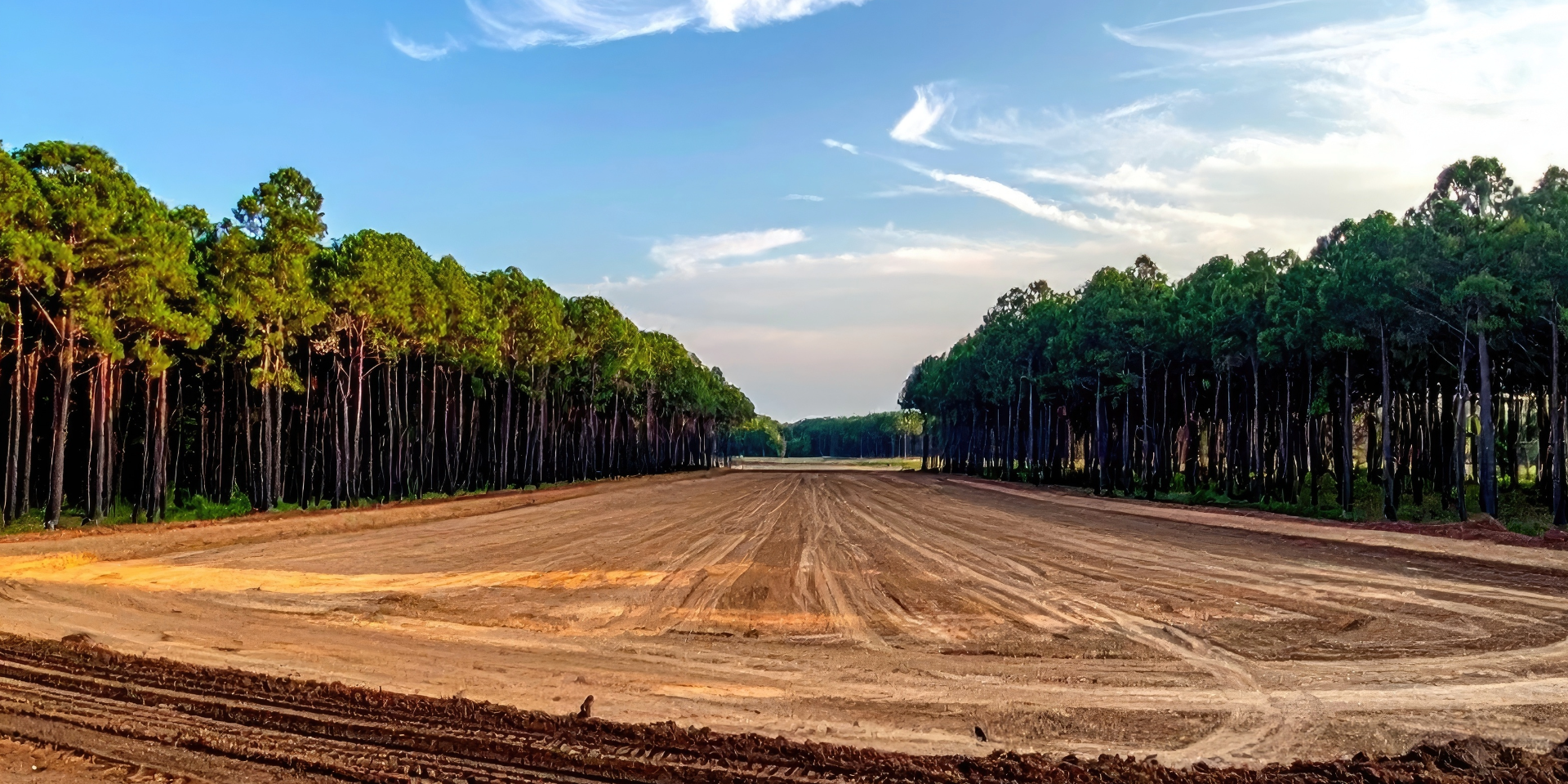 Green lawn bordered by a beige concrete edge, leading to a rock garden with bushes and gravel.