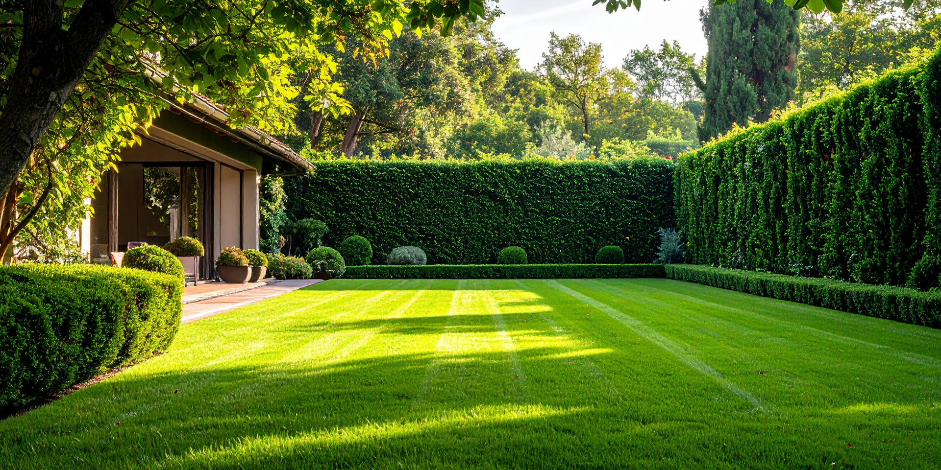 Wheelbarrow filled with garden waste on green grass, hedge in the background.