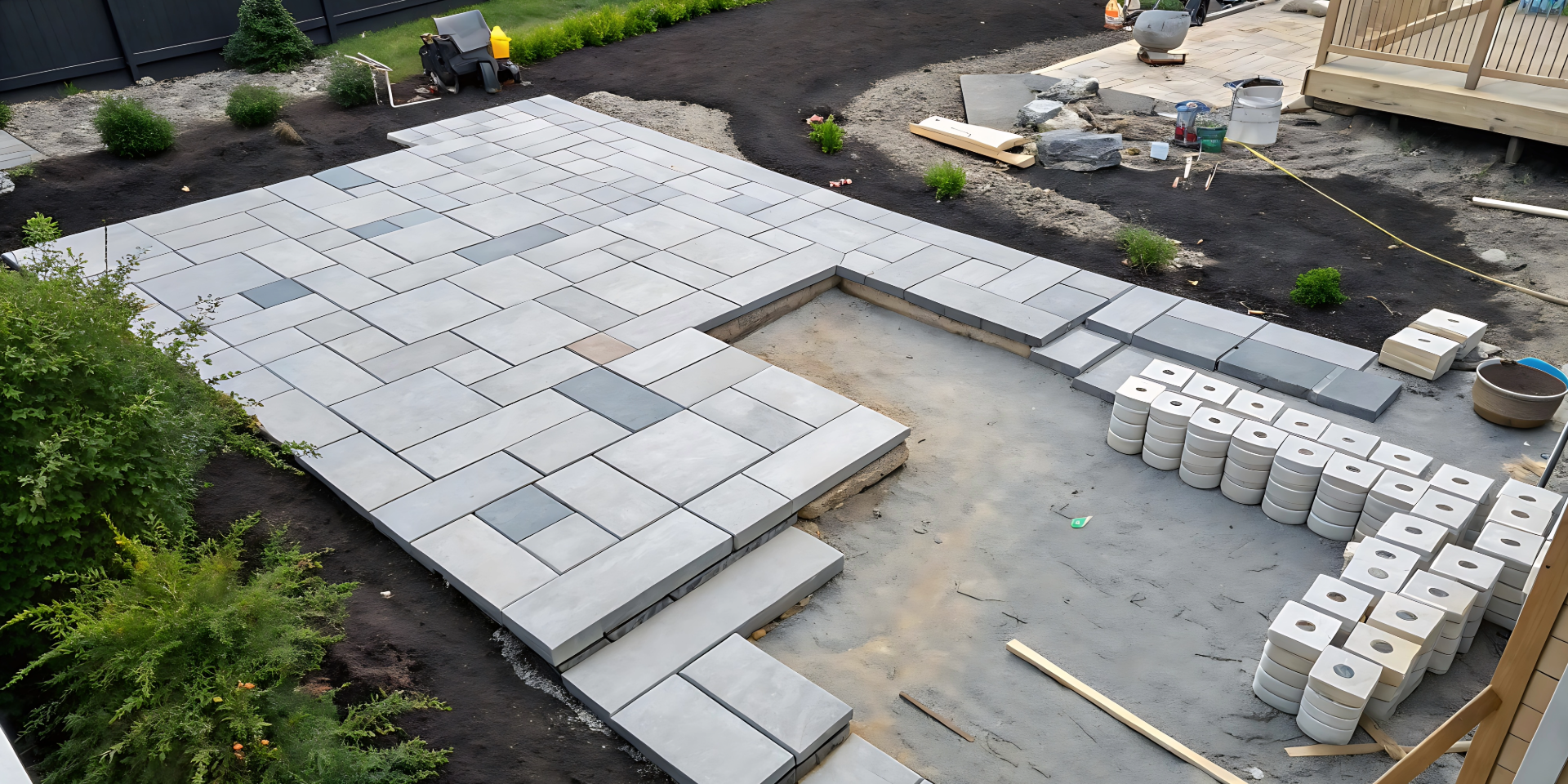Gray concrete pavers with grass growing in the openings, close-up view.