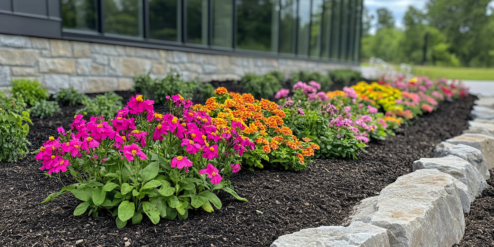 Person in orange work pants using a string trimmer on grass.