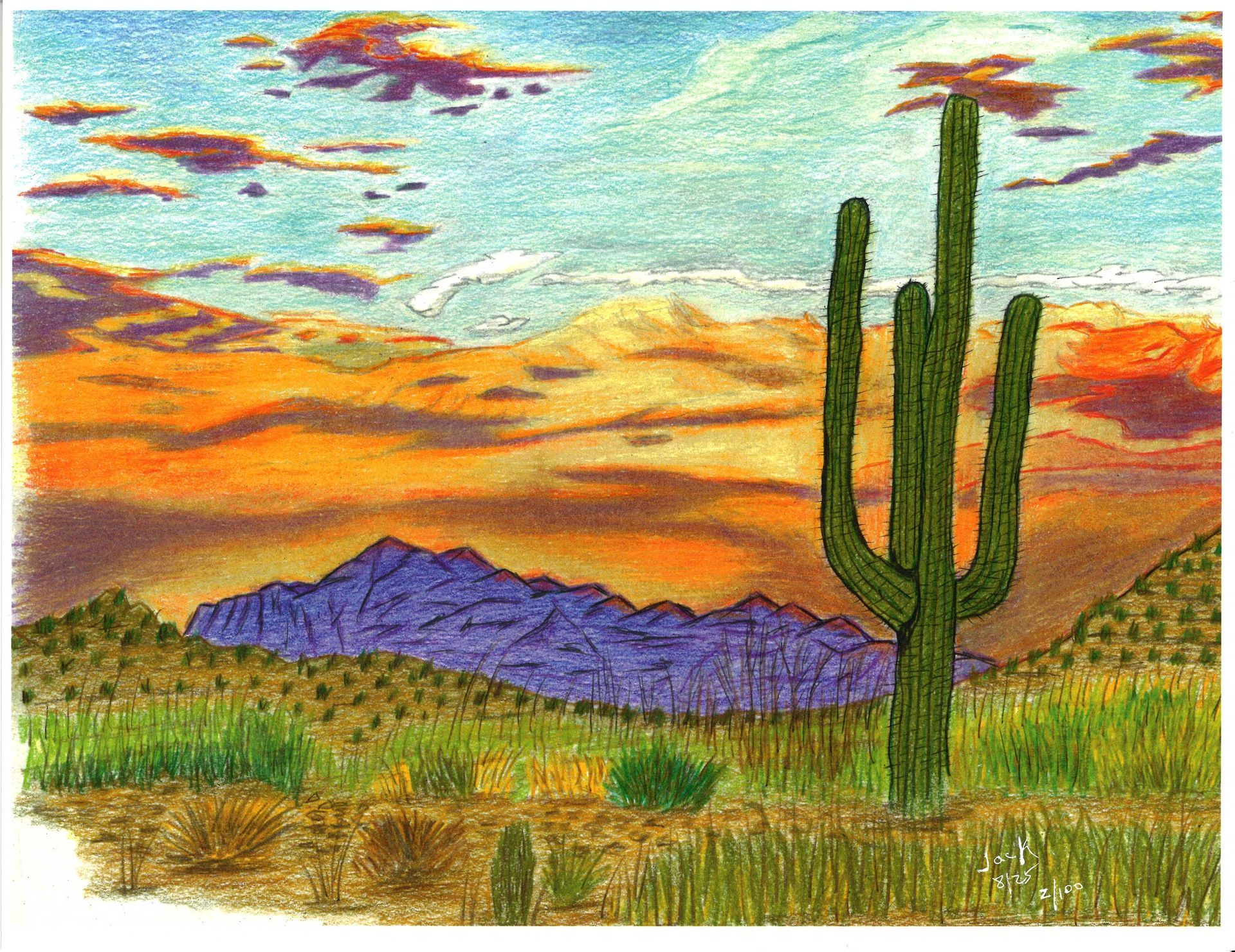 A vibrant sunset landscape featuring a tall saguaro cactus in the foreground, desert shrubs, and purple mountains.