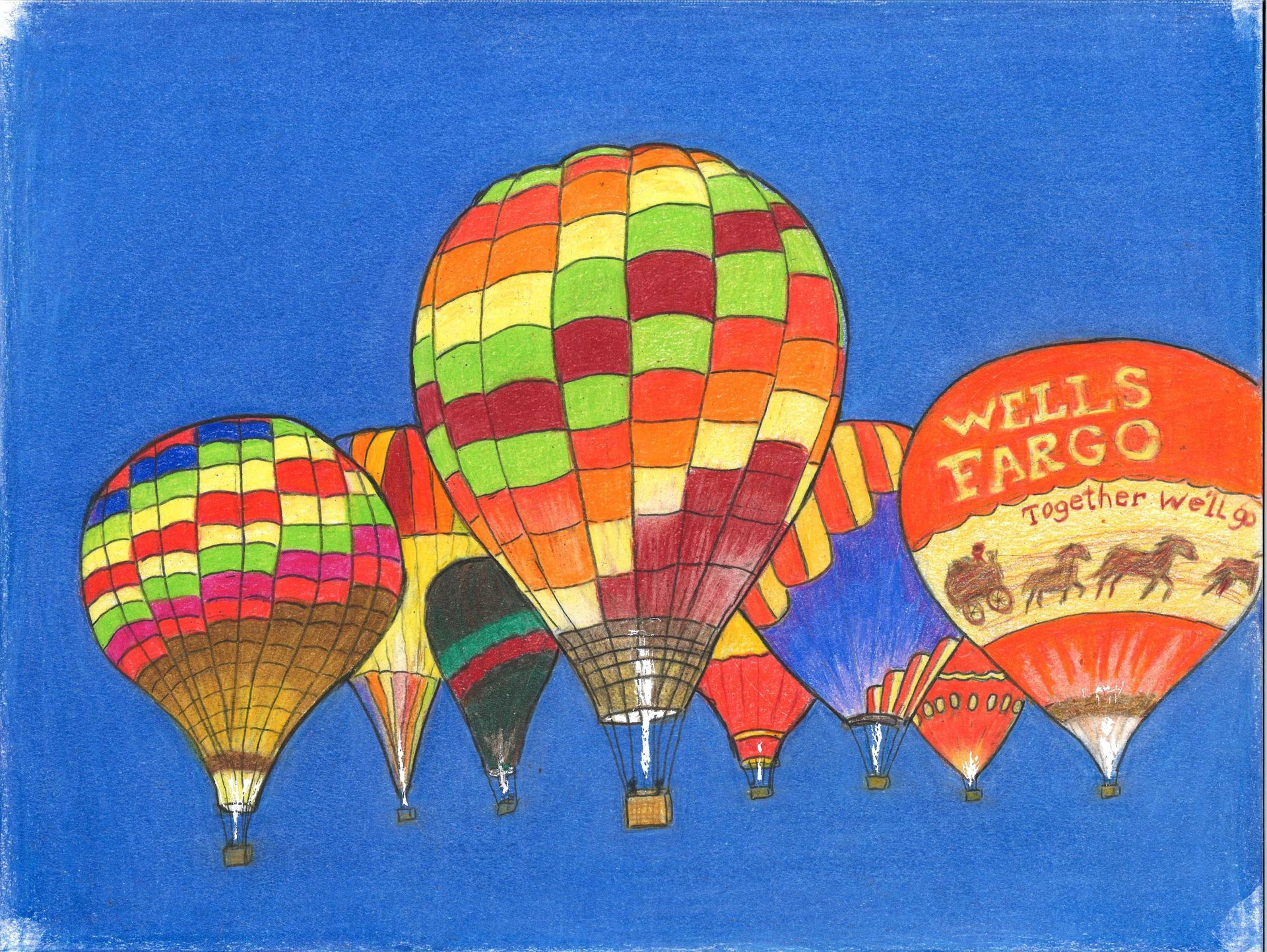 A fleet of colorful, patterned hot air balloons floats in a solid blue sky, including one branded with Wells Fargo.