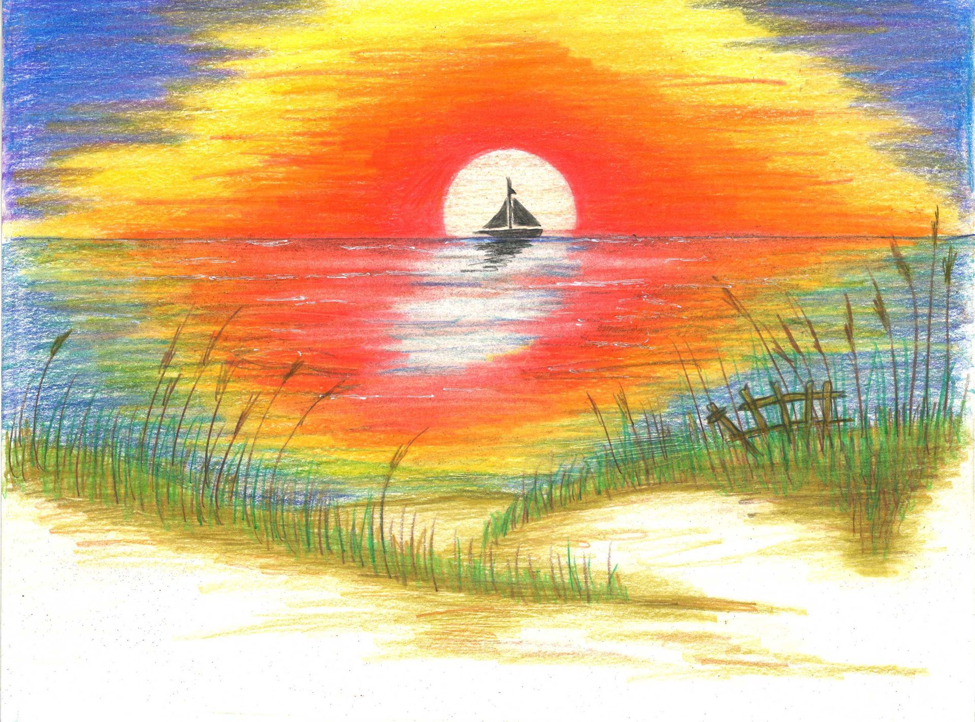 A vibrant oil pastel drawing of a sailboat on the ocean at sunset, framed by grassy sand dunes in the foreground.