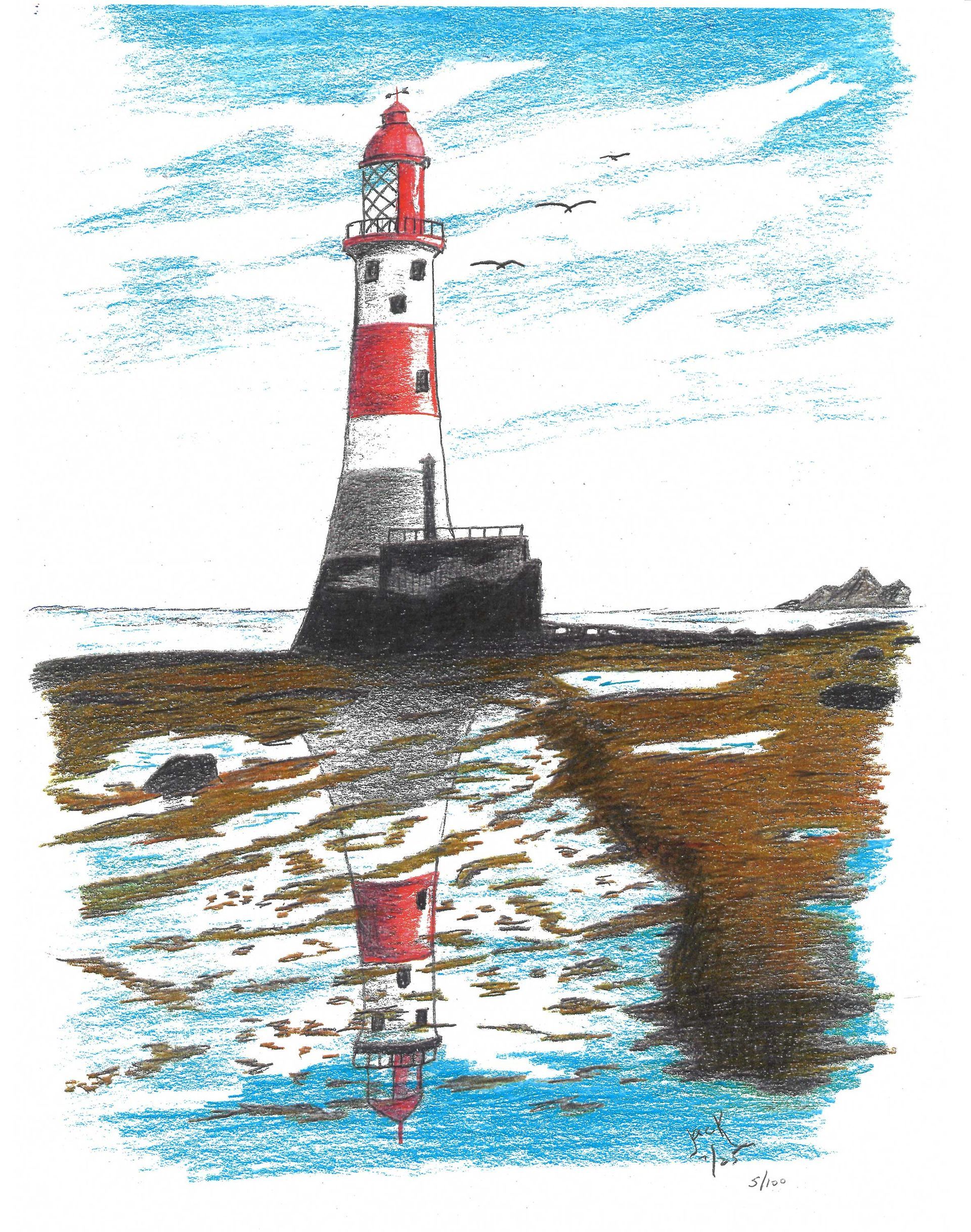 A red and white lighthouse stands on a rocky shore, its reflection visible in a pool of water in the foreground.