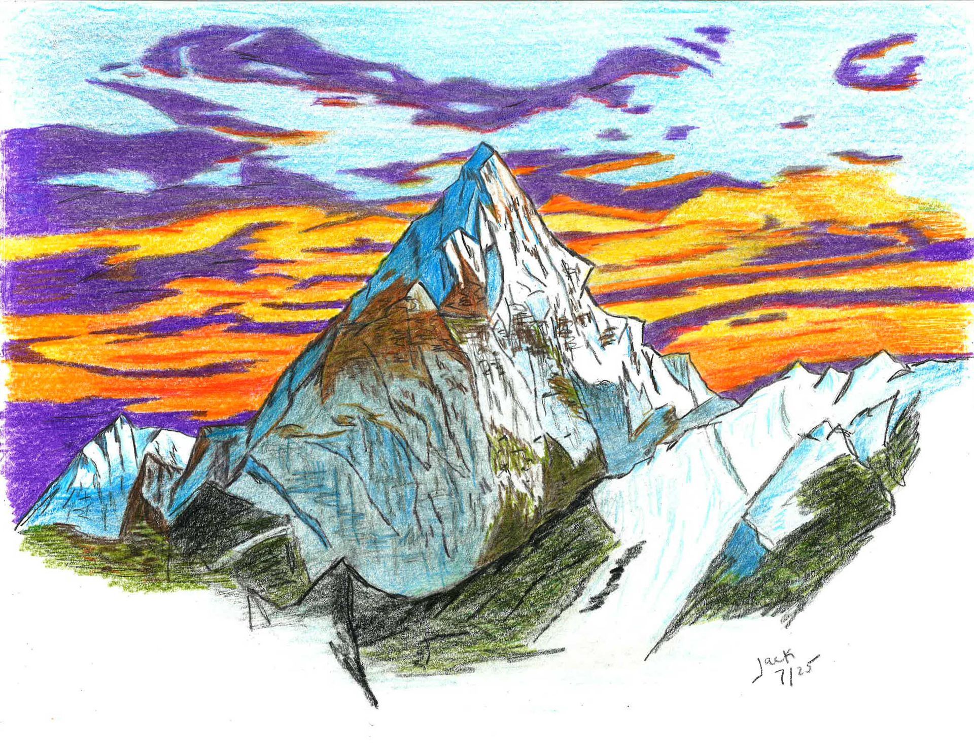 Colored pencil drawing of a snow-capped mountain peak at sunset, with vibrant purple and orange clouds against a blue sky.