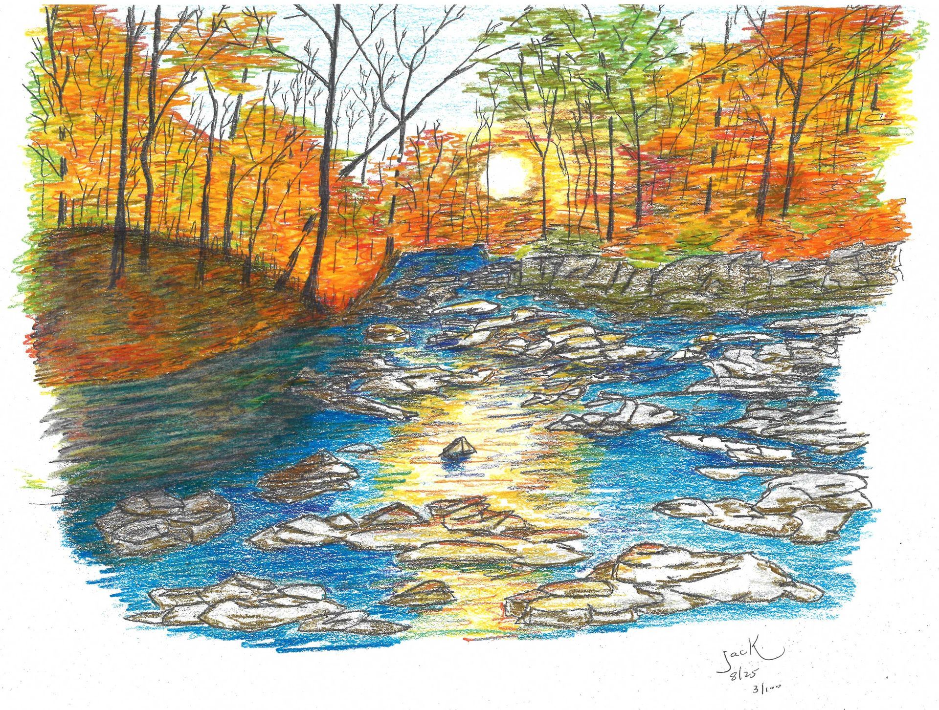 A colorful drawing of a sunlit river winding through a dense, golden autumn forest with textured rocks in the water.