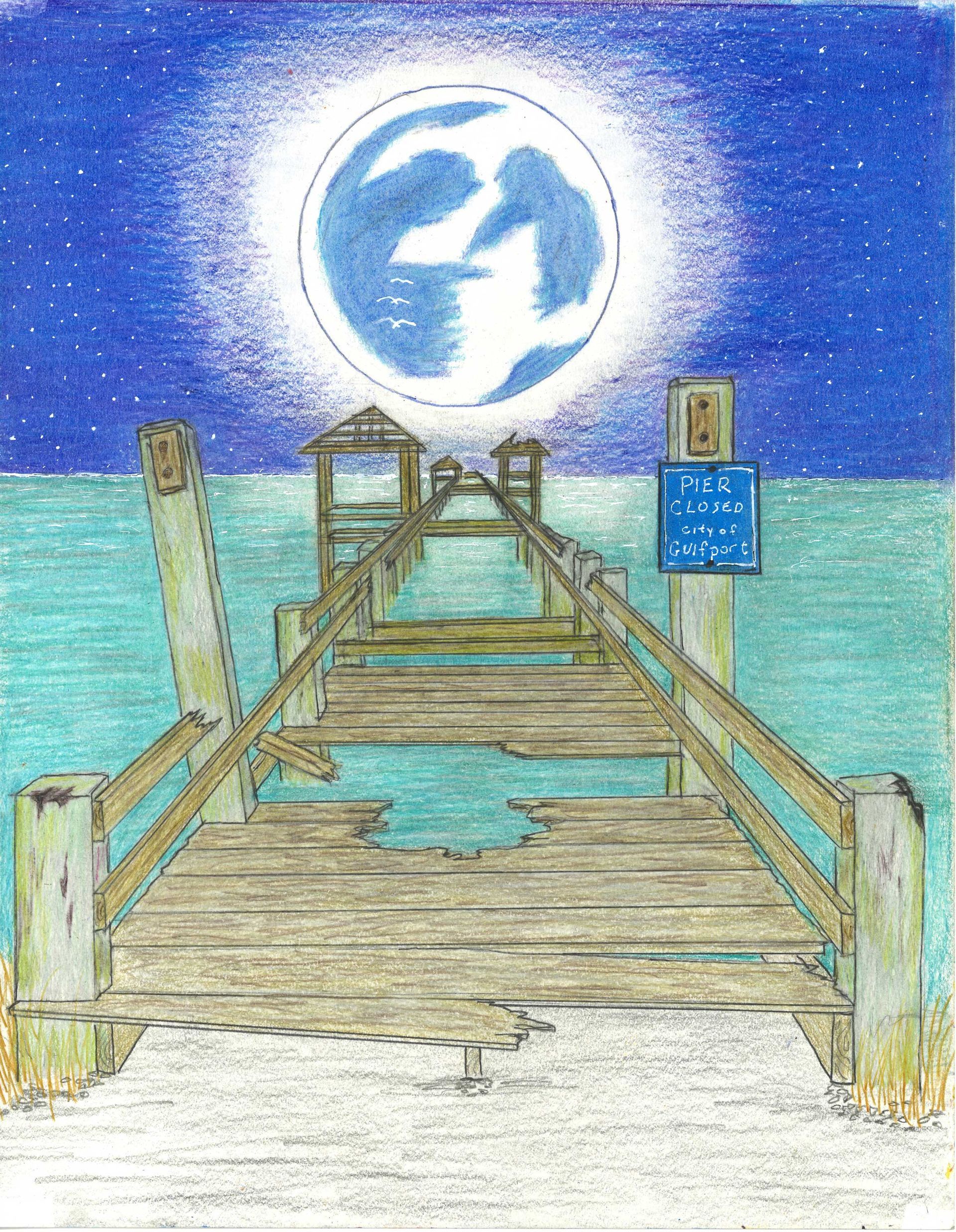 A colored pencil drawing of a weathered wooden pier stretching into a calm sea under a large, glowing full moon.