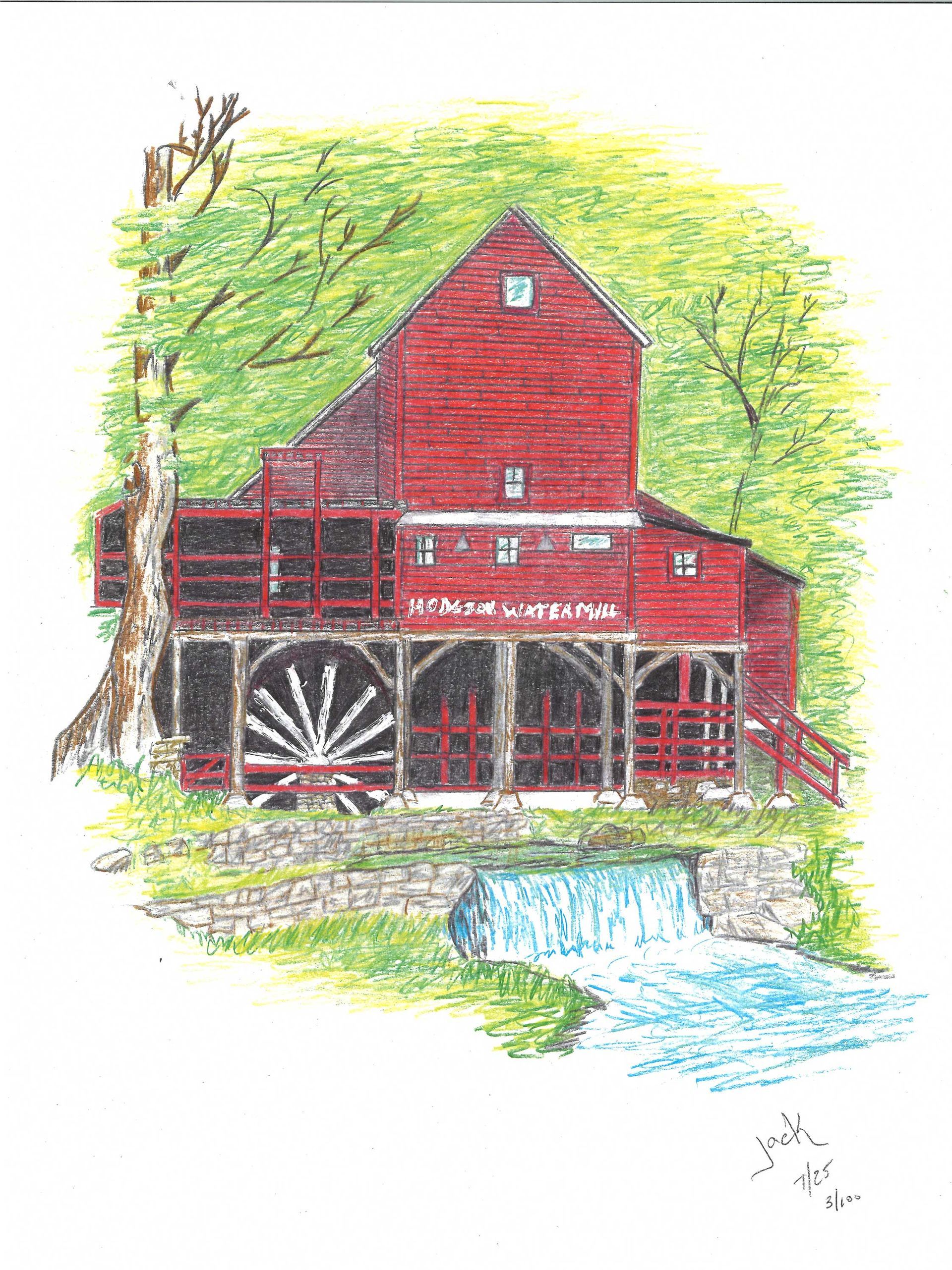 A colored sketch of a rustic red wooden grist mill with a waterwheel, situated next to a small waterfall and trees.