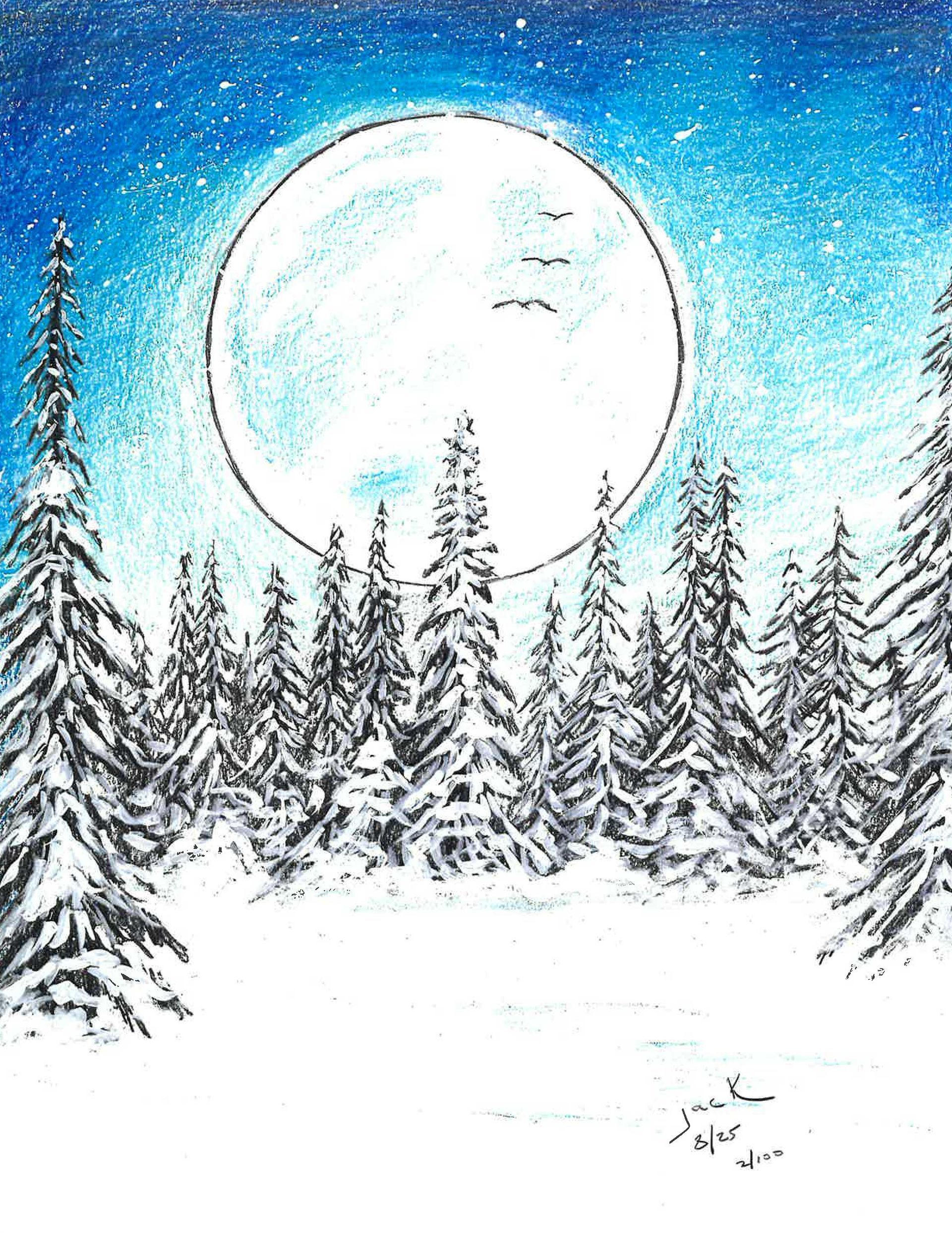 A large white moon glows over a dense, snow-covered pine forest under a blue starry sky.