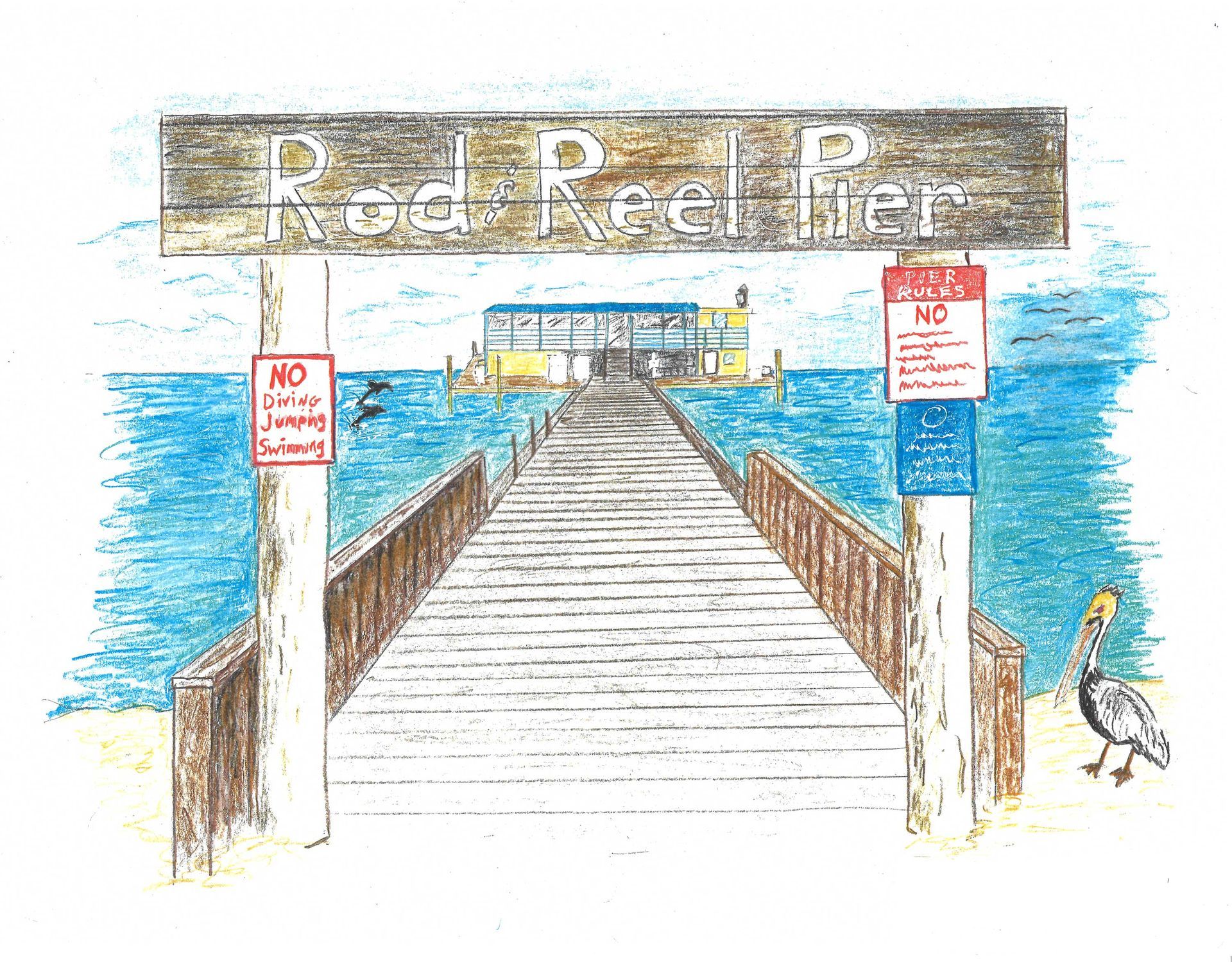 A colorful drawing of Red Reef Pier, featuring a long wooden pier extending over blue water toward a building.
