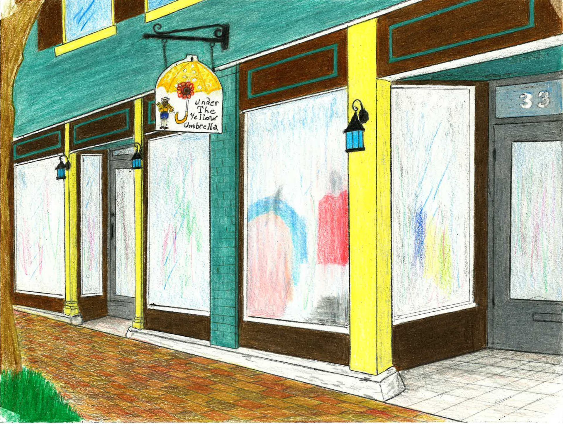 A colorful drawing of a store facade with large display windows, yellow pillars, and an umbrella sign on a sidewalk.