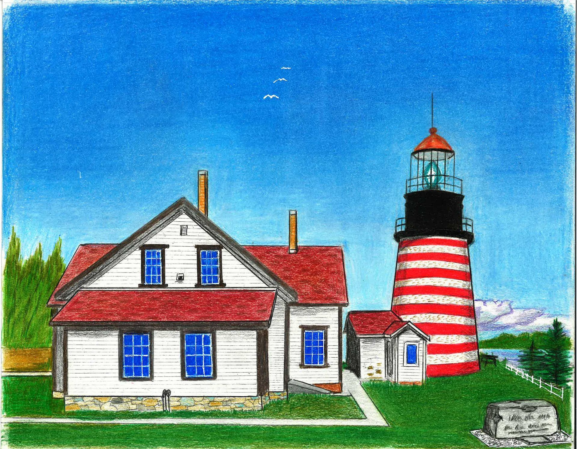 A painting of a white house with a red roof next to a red-and-white striped lighthouse under a clear blue sky.
