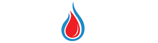 Hot water heaters and water softeners logo with red and blue flame