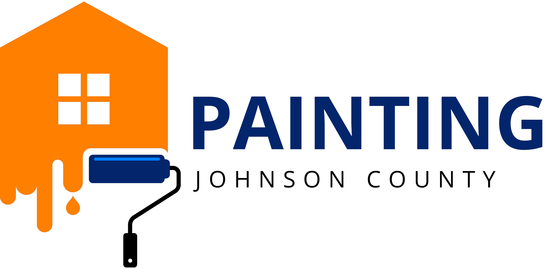 A logo for painting johnson county with a house and a paint roller.