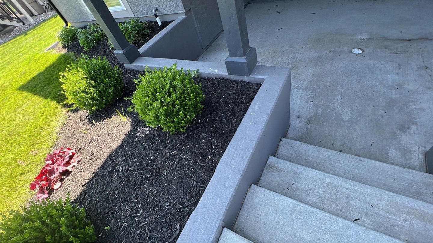 A staircase leading up to a porch with a planter and bushes.
