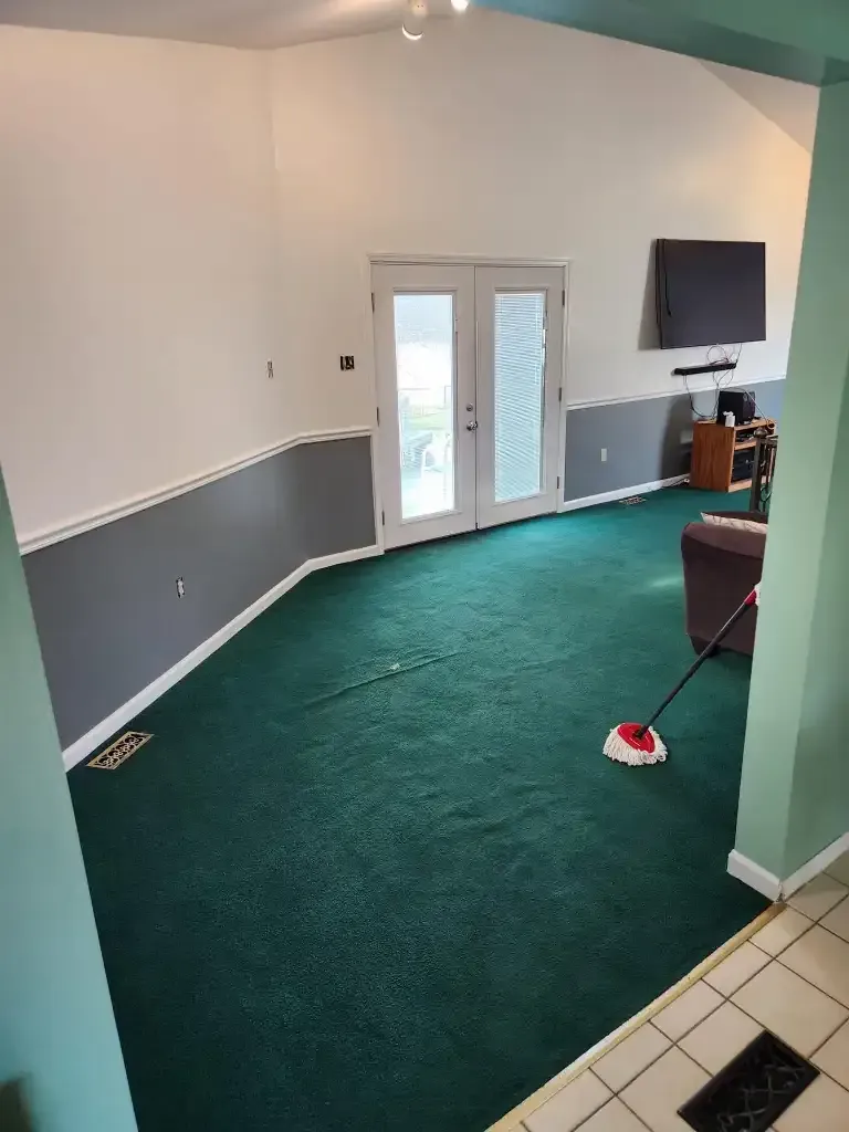 Green carpeted room with white and gray walls, French doors, and a mounted TV. A mop rests on the floor.