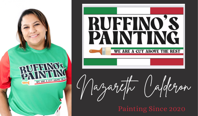 Woman in green shirt beside Ruffino's Painting logo with Italian flag colors; Nazareth Calderon, Painting since 2020.