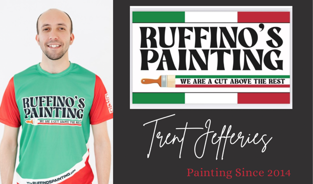 Man in green shirt next to Ruffino's Painting logo. Text: Troy Roberts, Painting Since 1999.