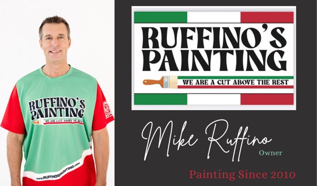 A man in a green shirt next to the Ruffino's Painting logo. The logo has an Italian flag design.