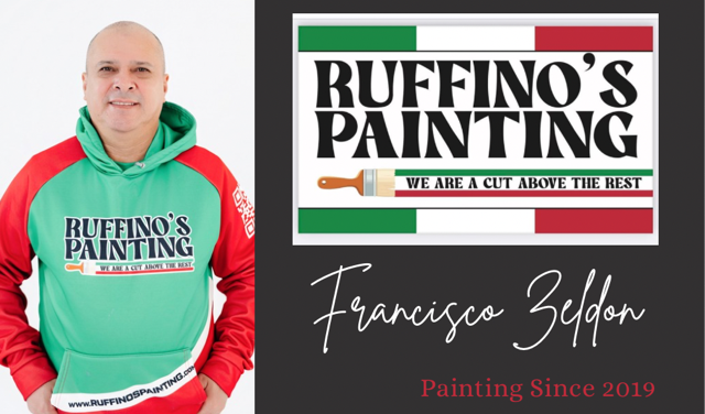 Man in green shirt next to painting company logo. Logo has Italian flag colors. Francisco Zelefon, painting since 2019.