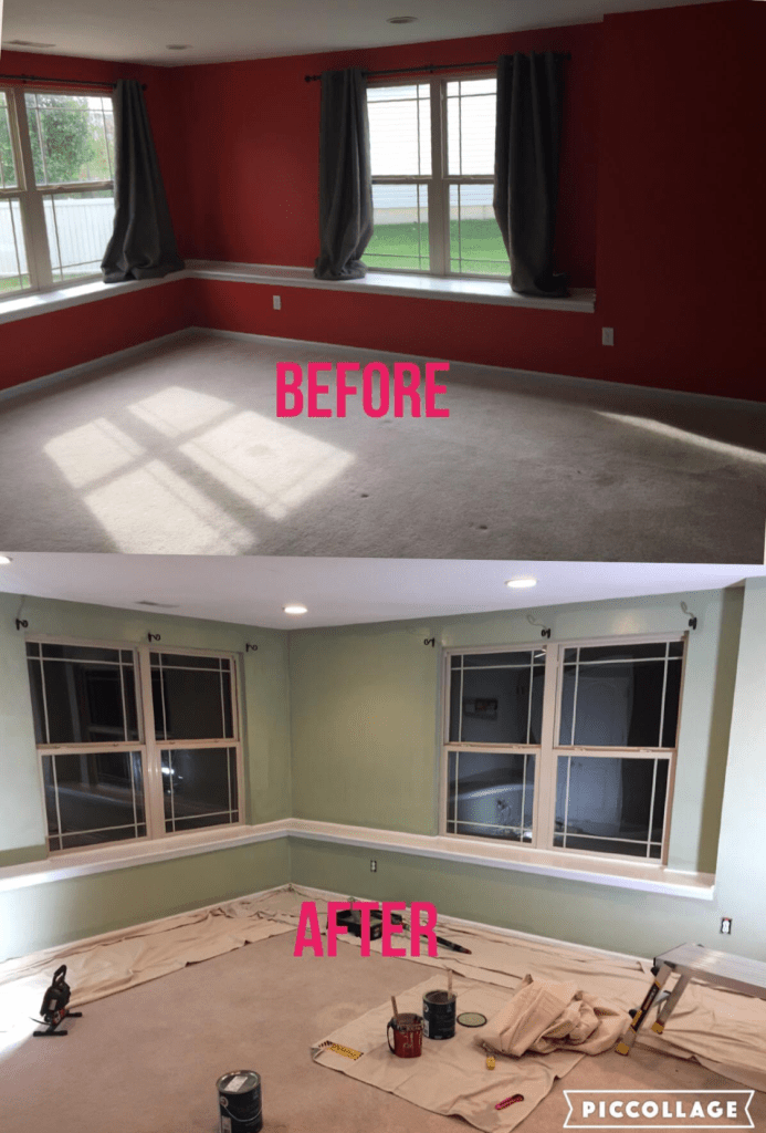 Before/after view of room renovation: red walls with curtains, then green walls with new window trim.