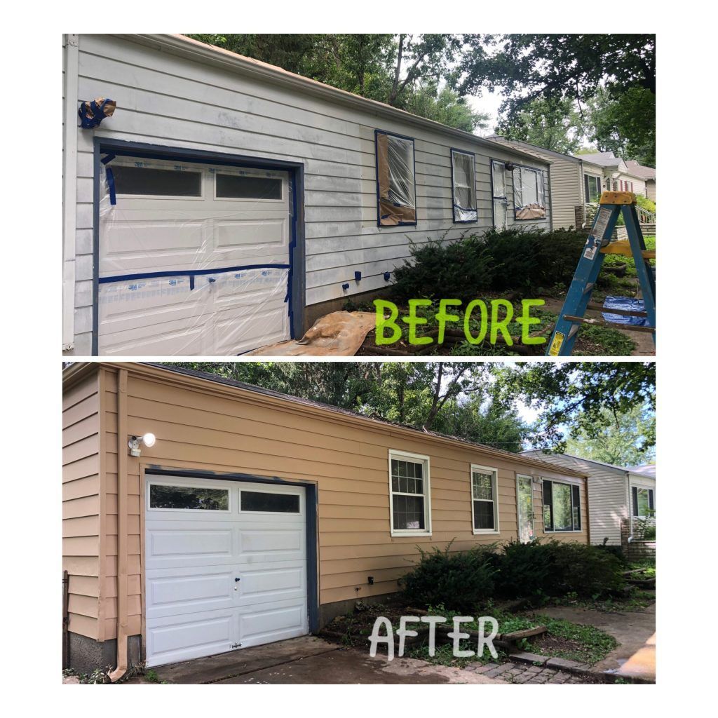Comparison: House exterior before and after painting. Garage door and siding change color from white and gray to tan and white.