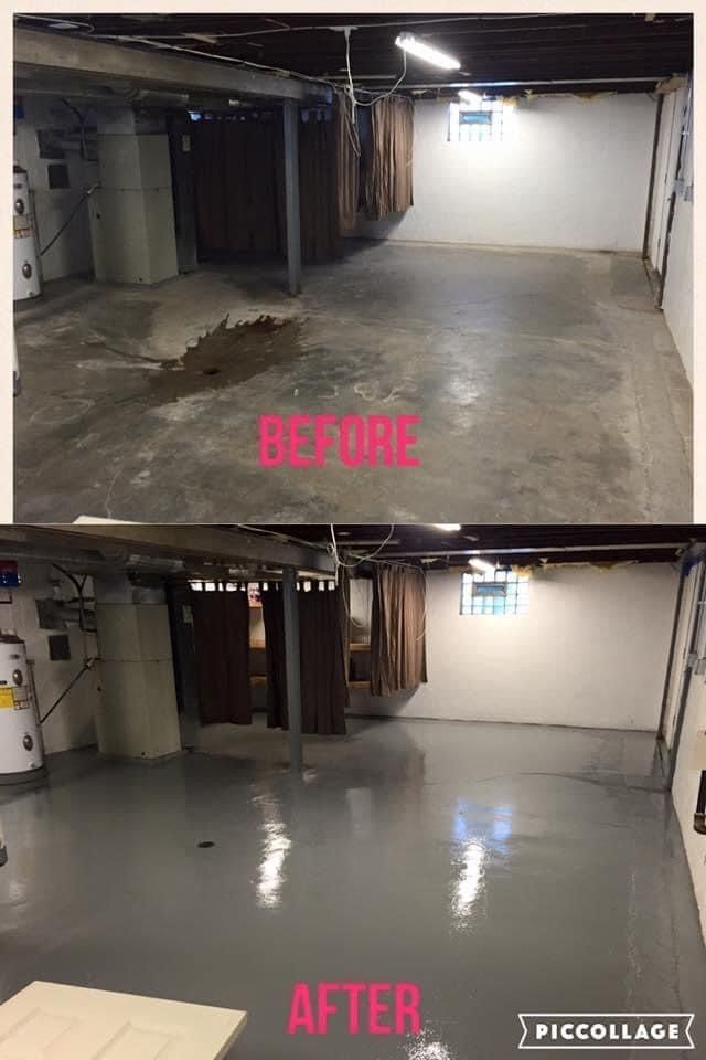 Basement floor before and after painting. Before shows dark stain. After shows smooth, gray painted floor.