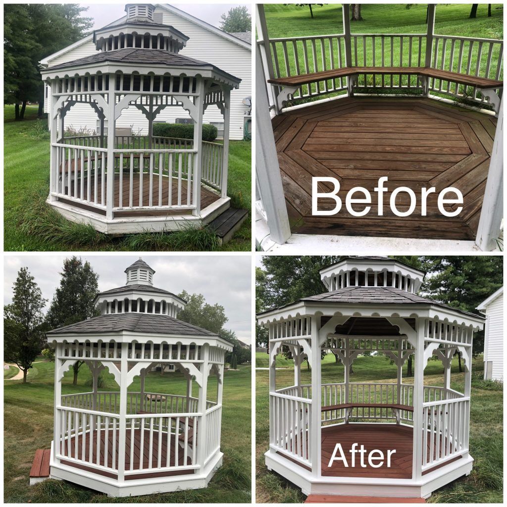 Gazebo before and after renovation. White structure with brown roof, wooden deck, and railing.