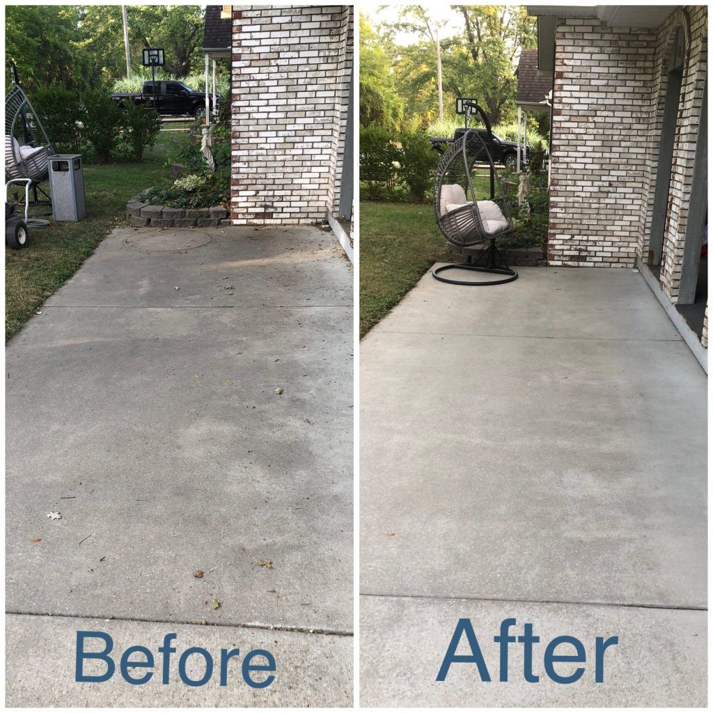 Before and after comparison of a concrete patio, showing it cleaned.