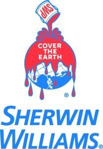 Sherwin-Williams logo: paint can pouring red paint over a blue globe, tagline