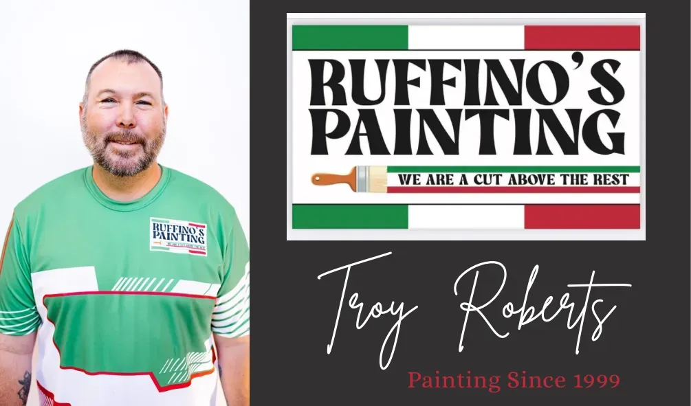 Man in green shirt with company logo, next to Ruffino's Painting logo and name 