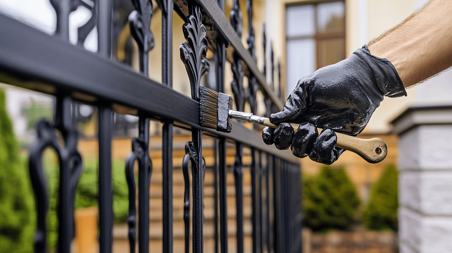 Hand in black glove painting black wrought iron fence with brush. Hand in black glove painting black wrought iron fence with brush.