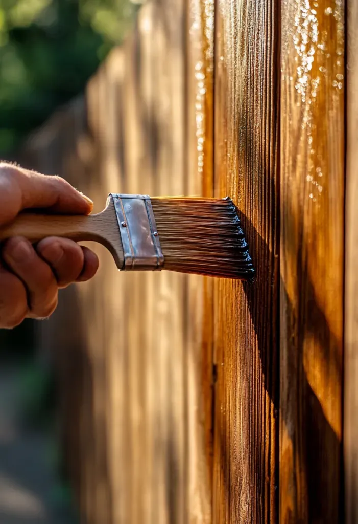 Hand applying brown stain to a wooden fence with a paintbrush, outdoors in sunlight. Hand applying brown stain to a wooden fence with a paintbrush, outdoors in sunlight.